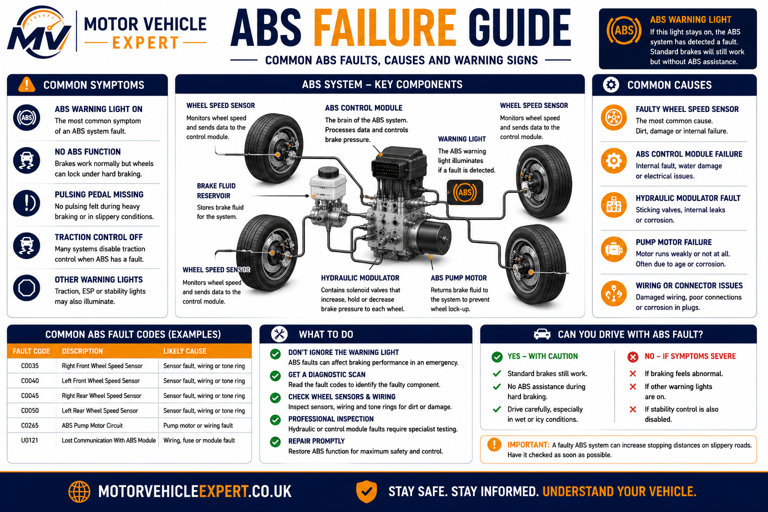ABS failure guide showing wheel speed sensor faults, damaged tone rings, ABS warning light, hydraulic modulator faults, ABS pump failure and ECU faults.