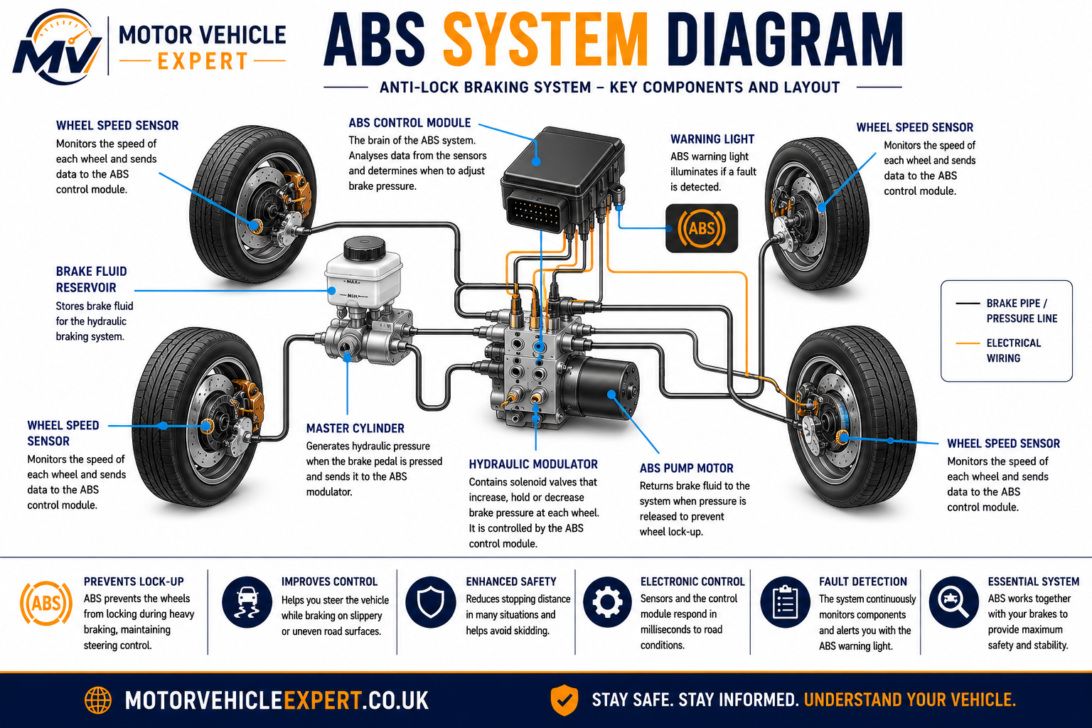 ABS system diagram showing wheel speed sensors, tone rings, hydraulic modulator, ABS ECU, pump motor and braking system connections.