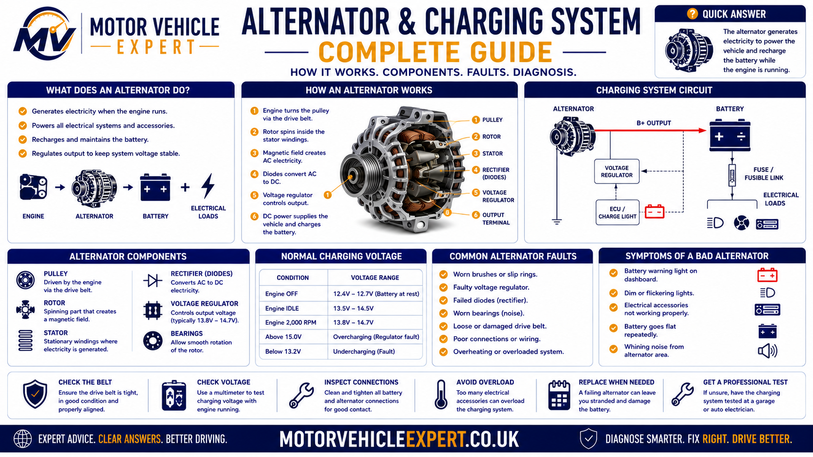 Diagram explaining how the alternator, battery, auxiliary belt and vehicle electrical system work together
