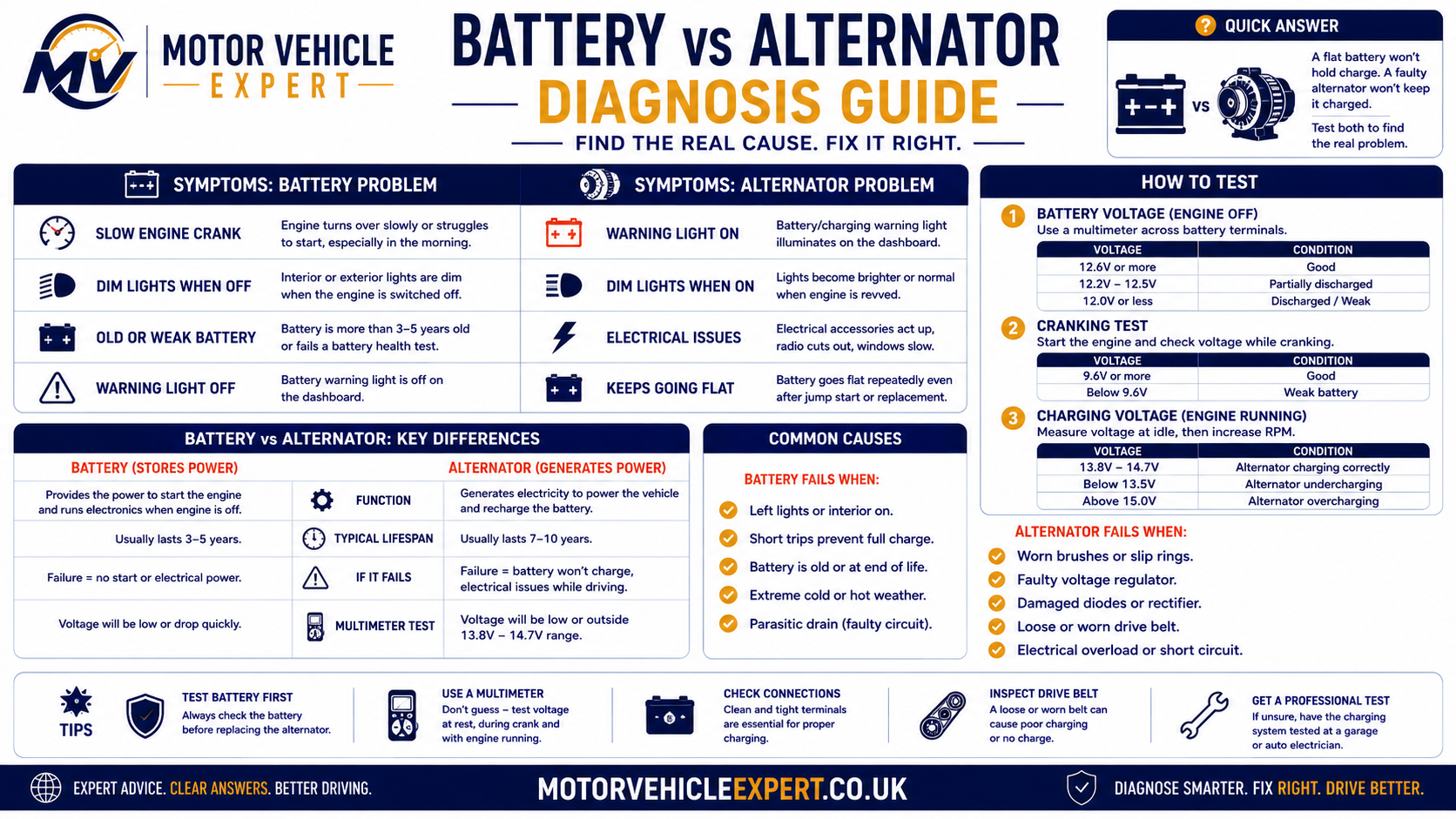 Battery versus alternator diagnosis comparison showing symptoms and professional tests