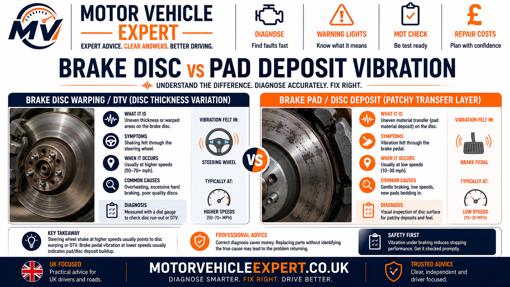 Motor Vehicle Expert comparison of brake disc variation and uneven brake pad deposits as causes of brake vibration and pedal pulsation