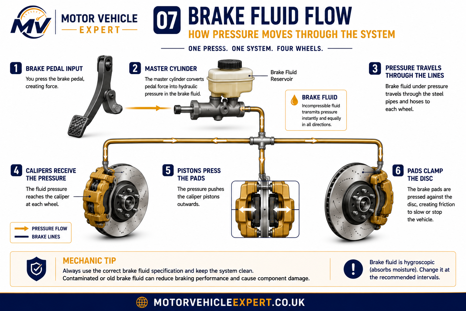 Brake fluid flow through the caliper showing hydraulic pressure moving the piston and clamping pads against the brake disc