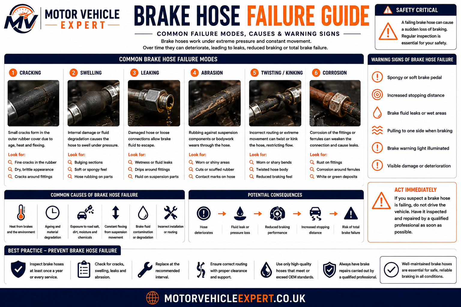 Brake hose failure guide showing cracked rubber, brake fluid leaks, bulging hoses, abrasion damage and internal collapse.