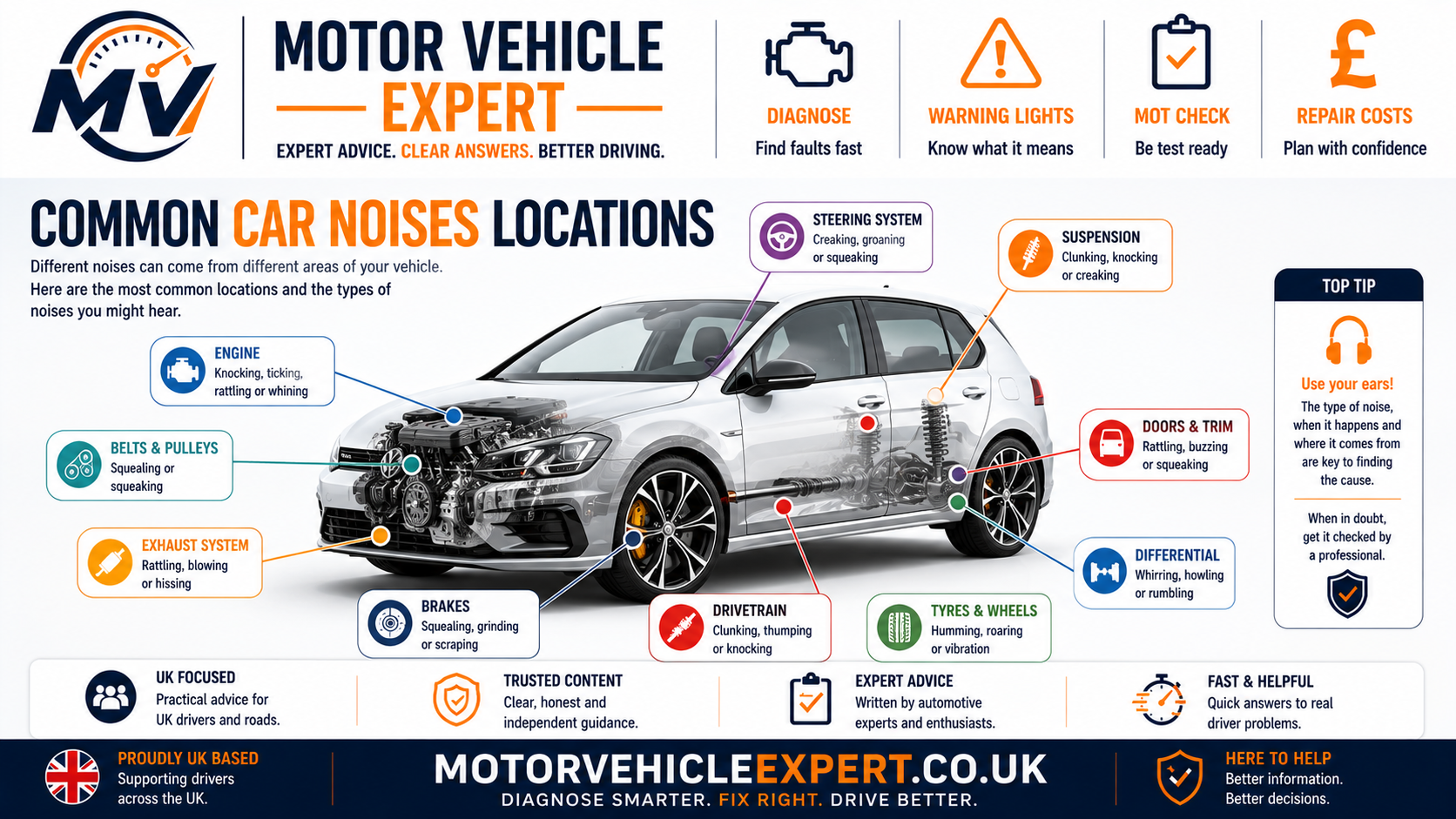 Motor Vehicle Expert diagram showing common car noise locations around the engine brakes suspension steering clutch transmission wheel bearings tyres and exhaust