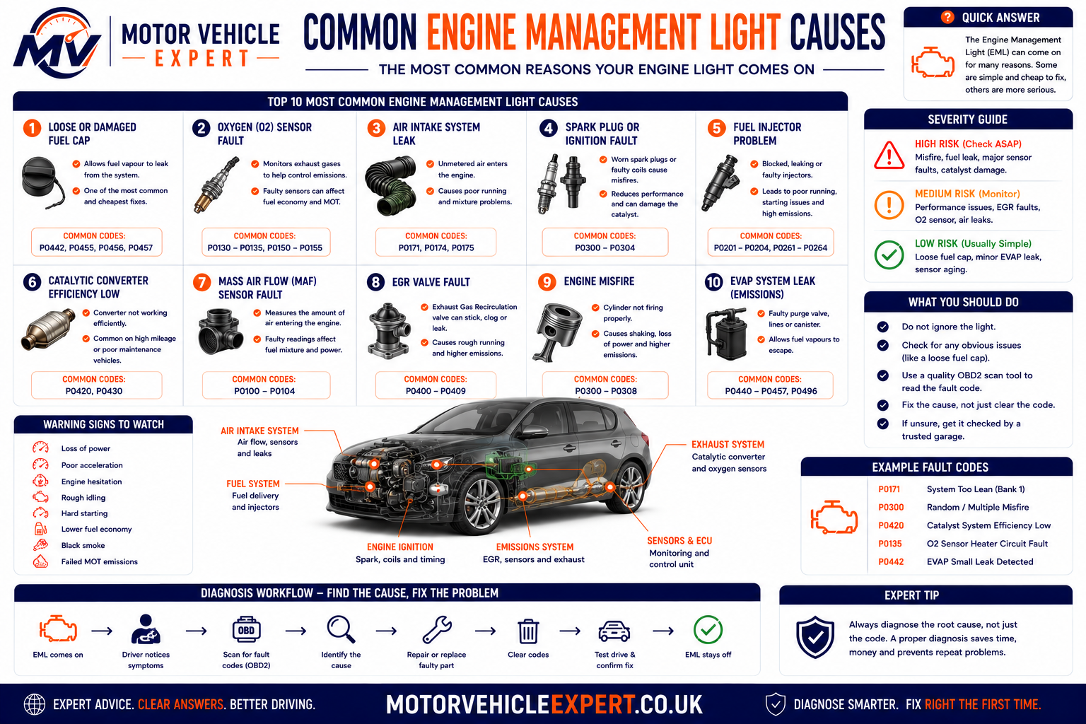 Motor Vehicle Expert diagram showing common engine management light causes including ignition, fuelling, airflow, sensors, turbocharging, emissions and electrical faults