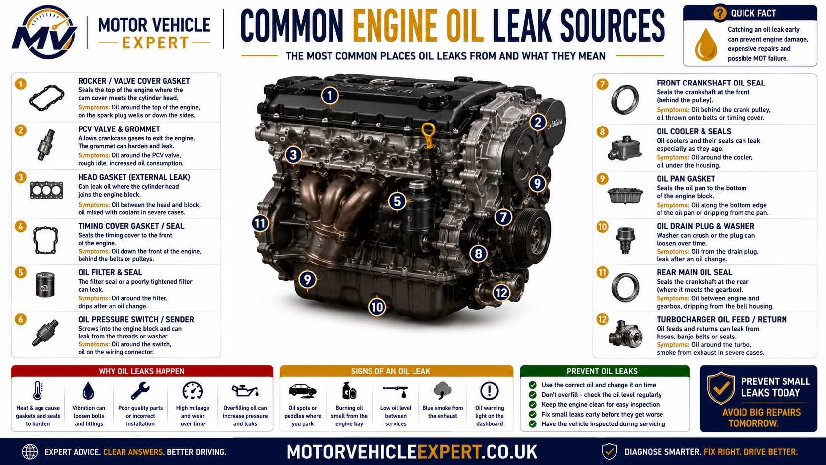 Common engine oil leak sources including rocker cover gasket, oil filter housing, sump, drain plug, timing cover, crankshaft seals and turbo oil pipes