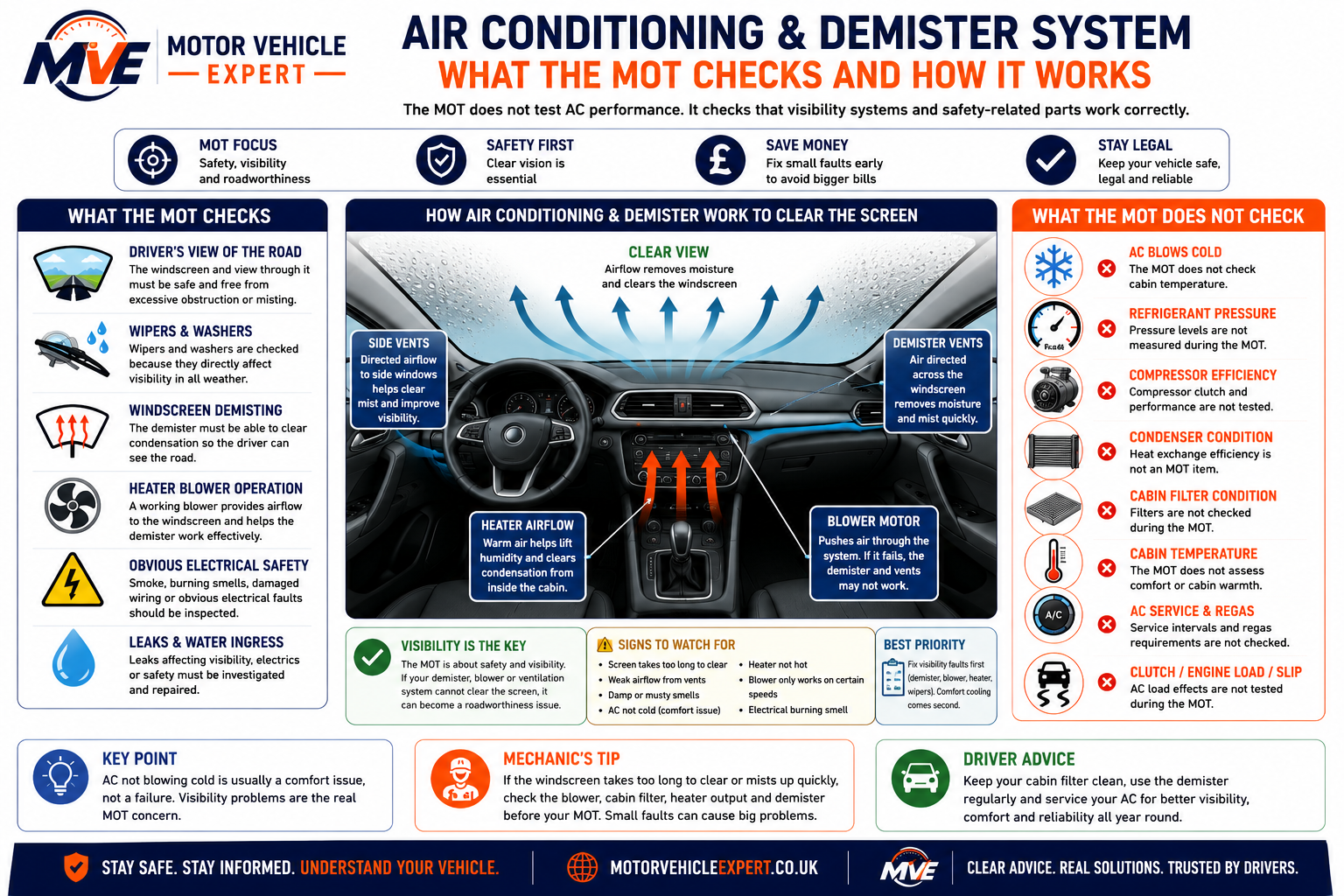 Motor Vehicle Expert infographic explaining what the MOT checks around air conditioning, heater blowers, demisters, windscreen visibility and roadworthiness.