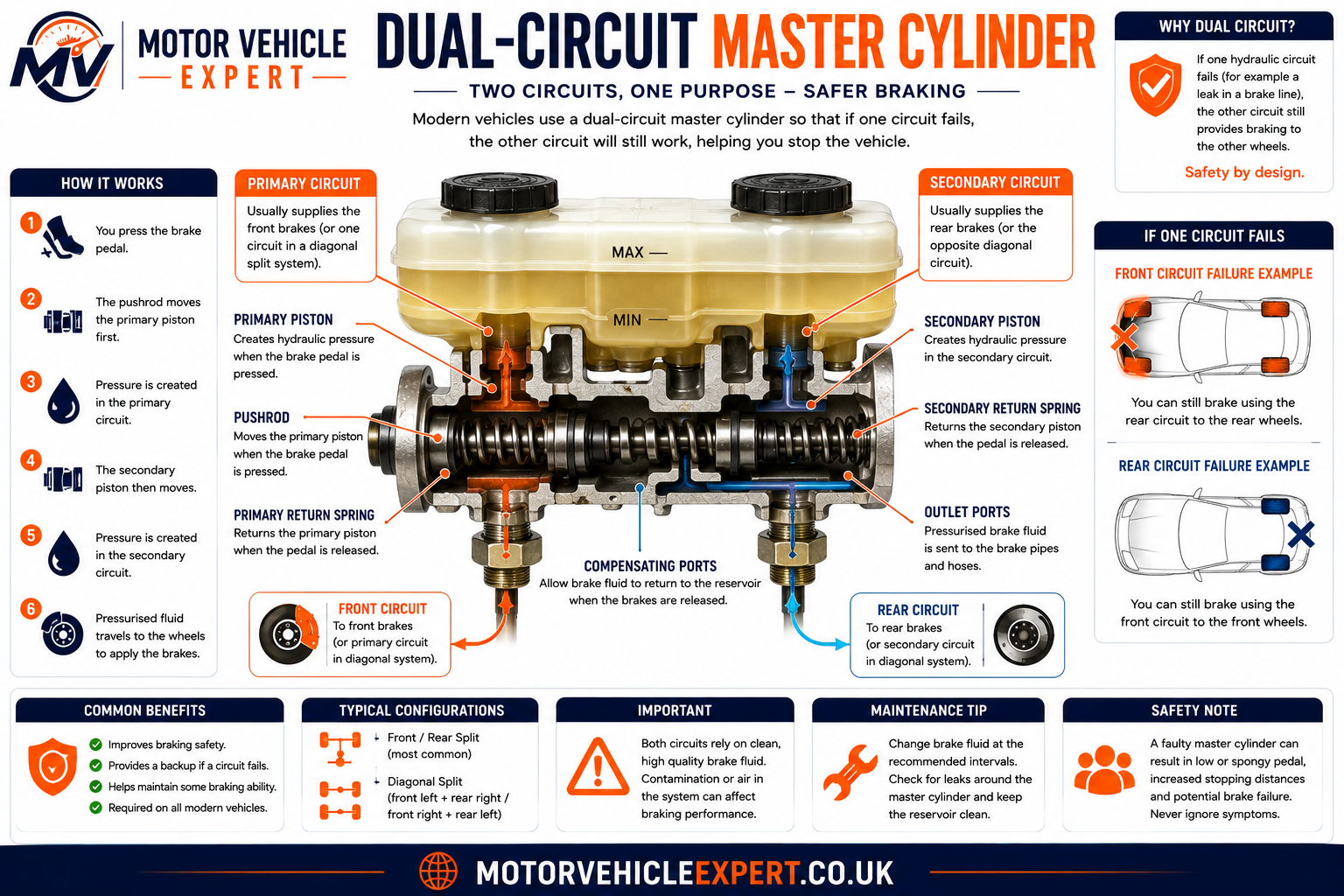 Dual-circuit brake master cylinder diagram showing primary and secondary hydraulic circuits for safer braking