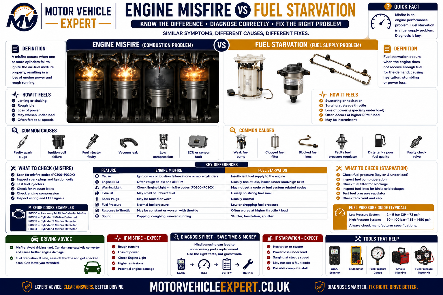 Engine misfire versus fuel starvation comparison showing engine shaking, cylinder faults, fuel-pressure loss, power surging, warning lights and diagnostic evidence
