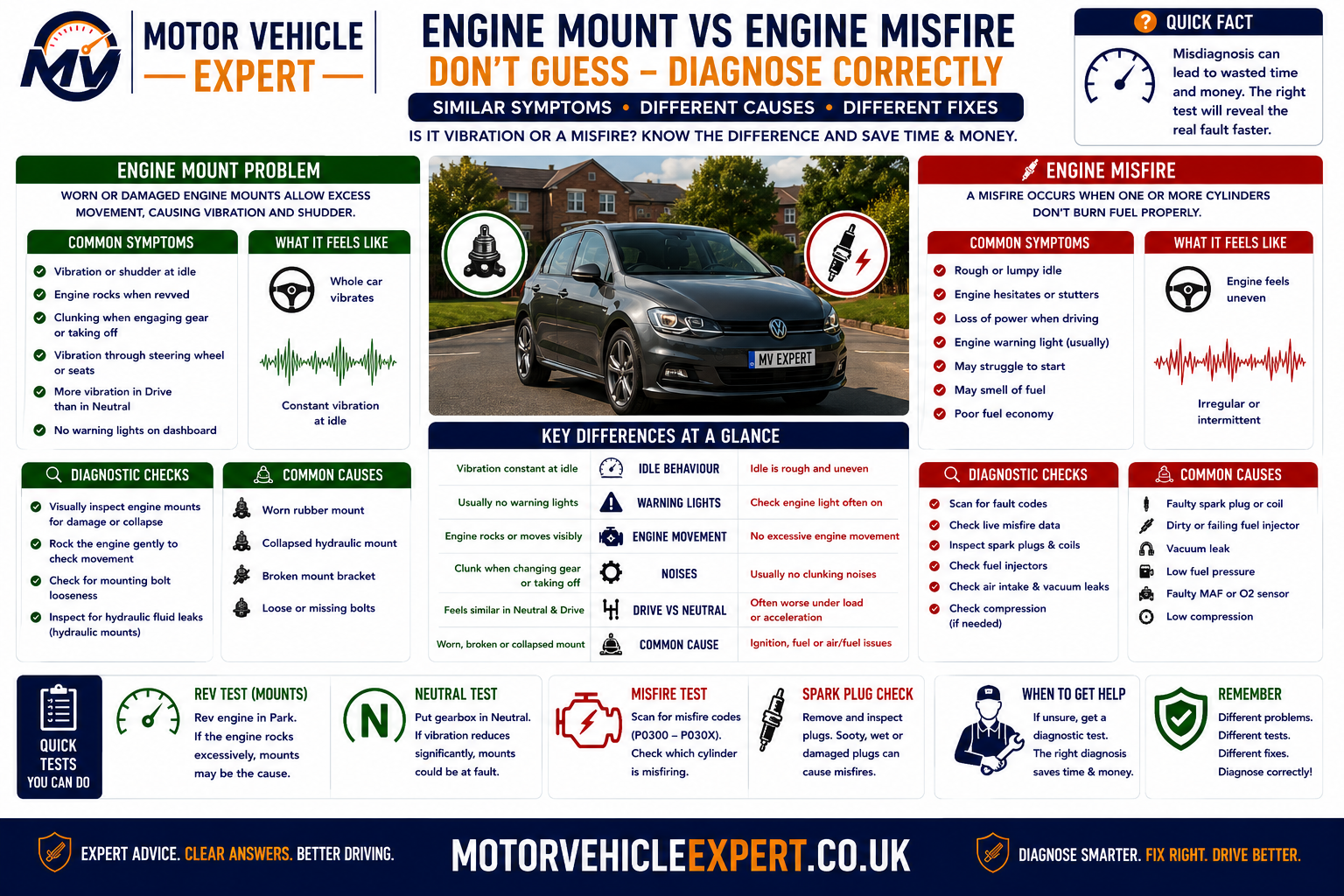Engine mount versus engine misfire comparison showing steady revs, cabin vibration, uneven exhaust rhythm, warning lights, misfire data and diagnostic checks