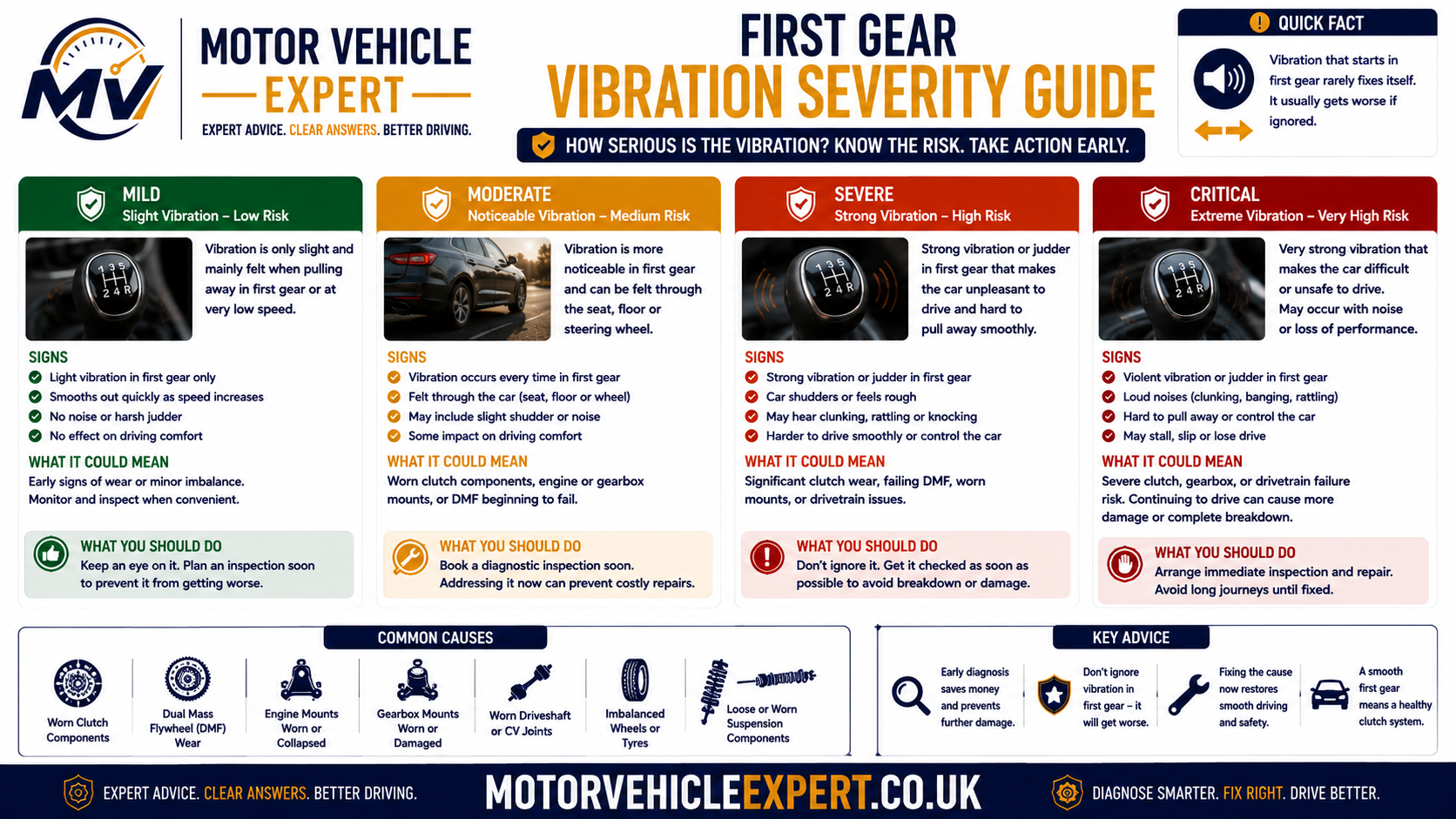 Green amber and red first-gear clutch vibration severity guide showing when to monitor the car, book diagnosis or stop driving