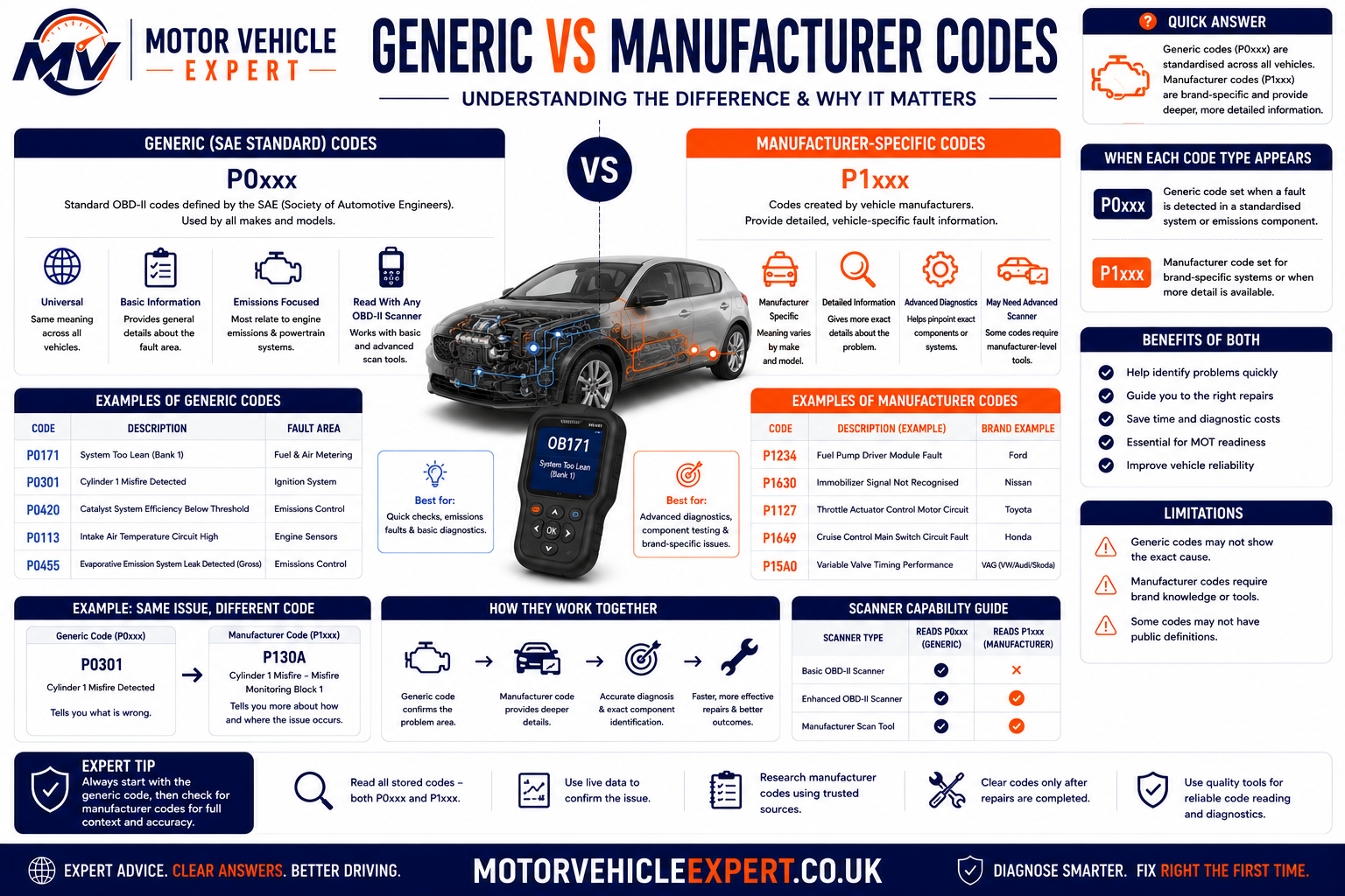 Motor Vehicle Expert comparison of generic P0 diagnostic trouble codes and manufacturer-specific P1 fault codes