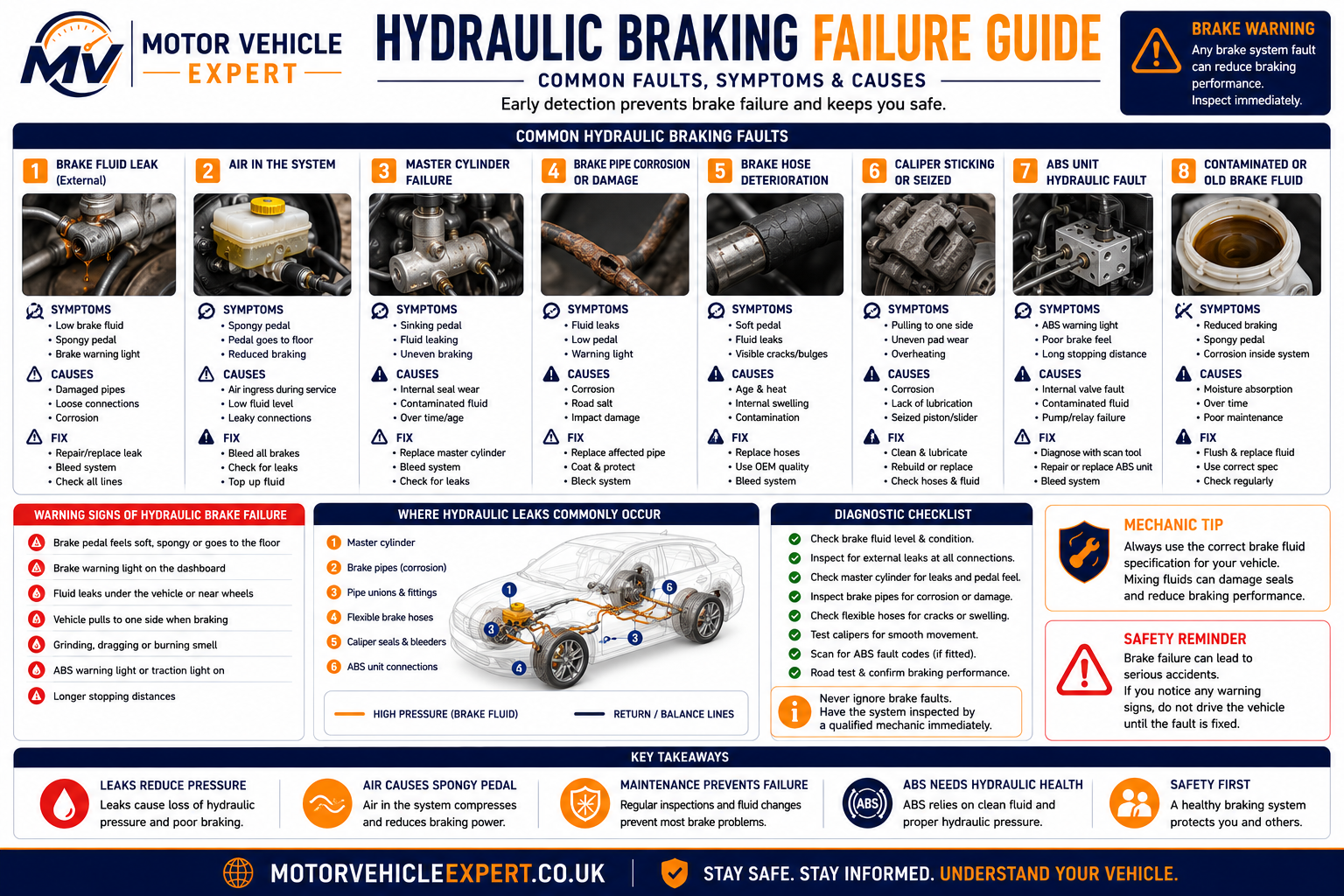 Hydraulic braking failure guide showing brake fluid leaks, master cylinder faults, brake pipe corrosion, damaged brake hoses, seized calipers and ABS hydraulic faults