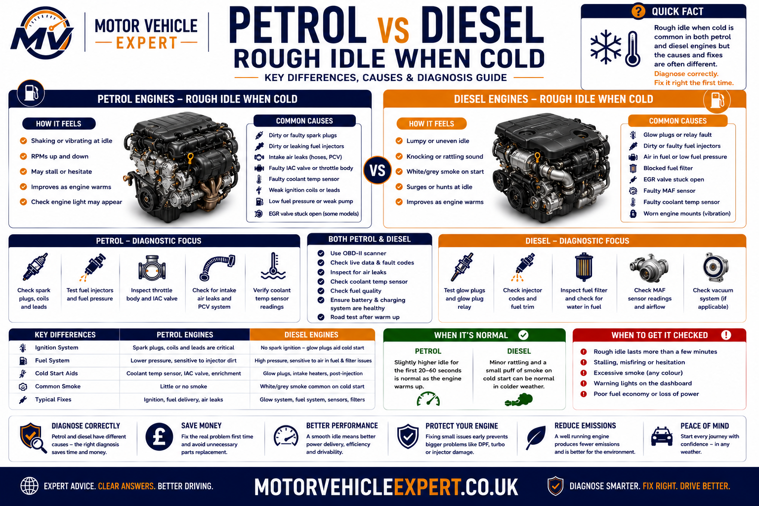 Petrol versus diesel rough idle when cold comparison showing ignition, spark plugs, coils, glow plugs, injectors, fuel pressure, smoke and diagnostic clues