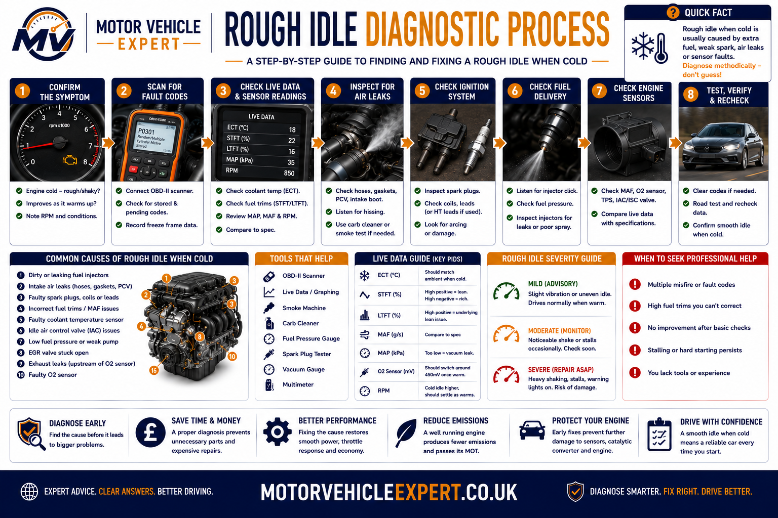Rough idle when cold diagnostic process showing symptom confirmation, battery testing, fault-code scan, live data, ignition checks, air leak checks, fuel tests and mechanical diagnosis