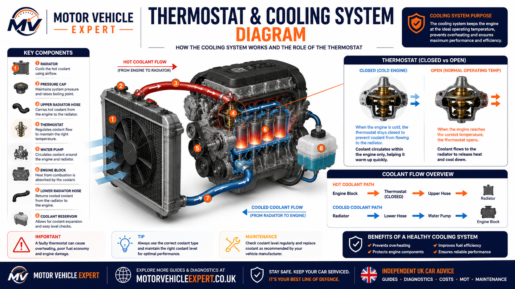 Motor Vehicle Expert thermostat and cooling-system diagram showing the radiator, water pump, thermostat, engine block, expansion tank, heater matrix and hot and cooled coolant flow